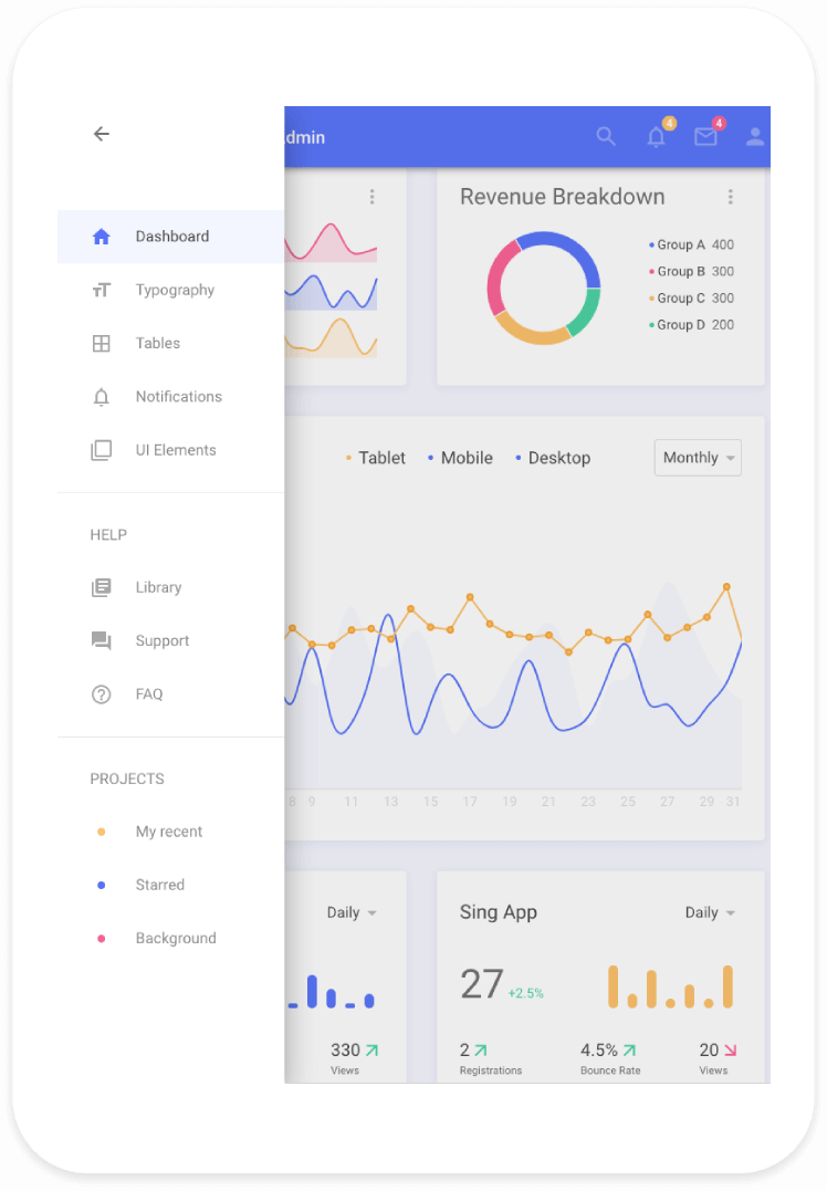 React Material Admin Responsive screen